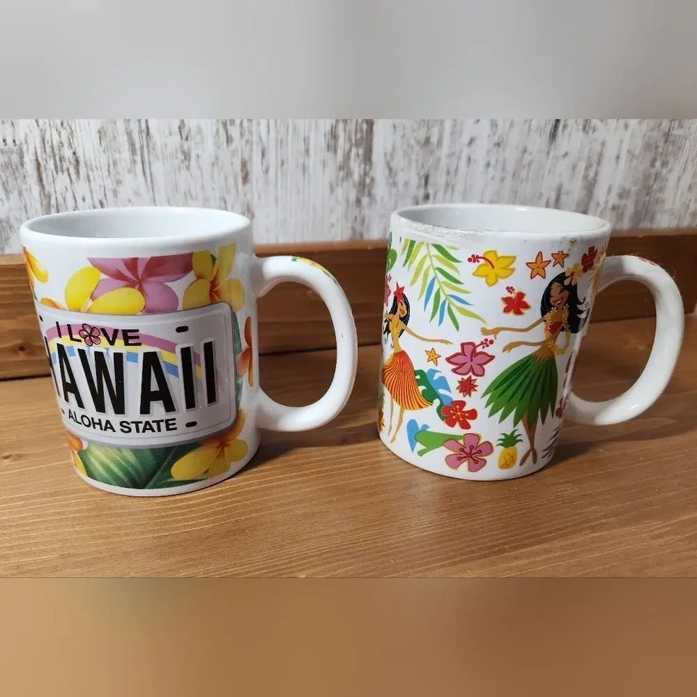 Hawaii Aloha State & Floral Hulu Girl Coffee Mug Set